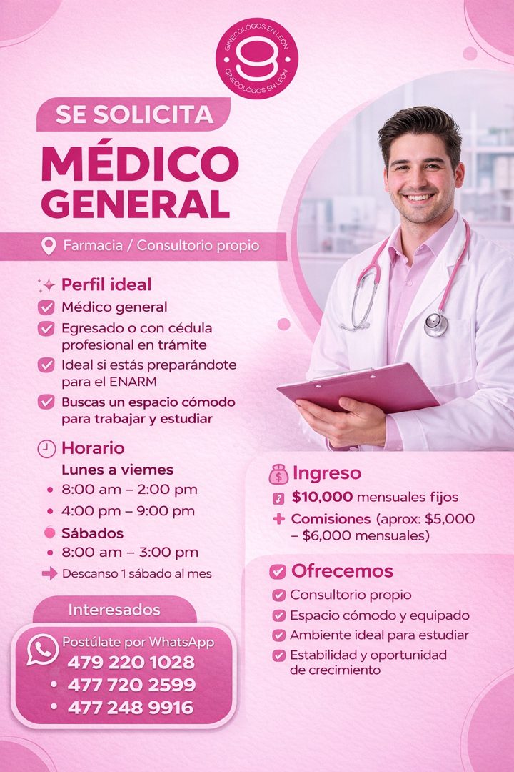 Banner del anuncio de la vacante: • · • · SE SOLICITA · MÉDICO · GENERAL · Farmacia / Consultorio propio · *4 Perfil ideal · Médico general · V Egresado o con cédula · profes