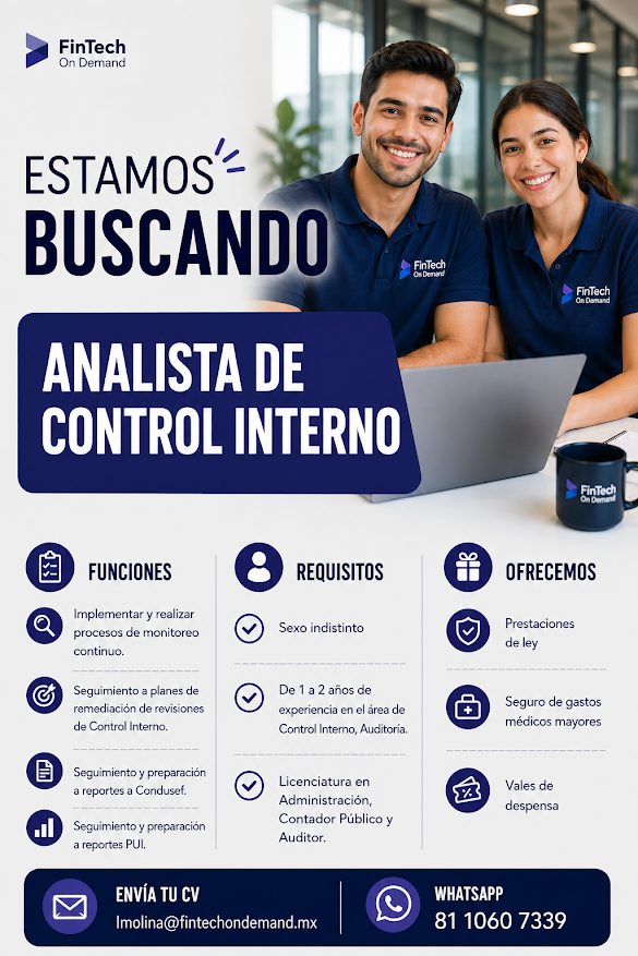 Banner del anuncio de la vacante: FinTech · On Demand · ESTAMOS · BUSCANDO · Finlech · On Denan · Finlech · On Danand · ANALISTA DE · CONTROL INTERNO · Fistoch · FUNCIONES · 