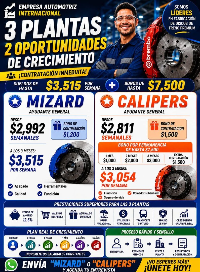 Banner del anuncio de la vacante: EMPRESA AUTOMOTRIZ · INTERNACIONAL · 3 PLANTAS · 2 OPORTUNIDADES · DE CRECIMIENTO · ¡CONTRATACIÓN INMEDIATA! · SUELDOS DE · HASTA · S3,515 ·