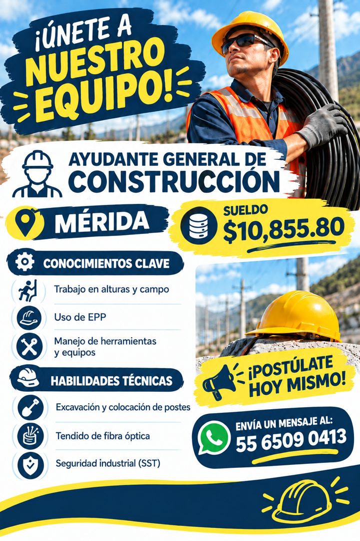 Banner del anuncio de la vacante: ¡ÚNETE A · NUESTRO · SEQUIPO!- · AYUDANTE GENERAL DE · CONSTRUCCION · MÉRIDA · SUELDO · $10,855.80 · CONOCIMIENTOS CLAVE · Trabajo en altura
