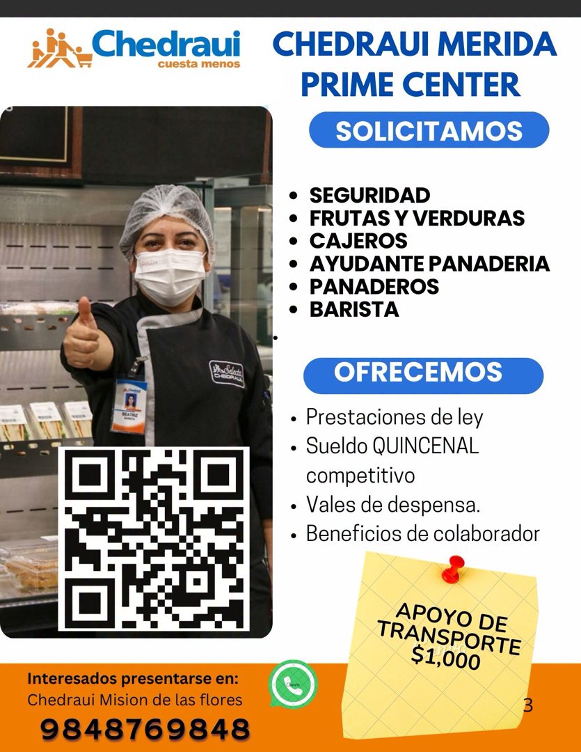 Banner del anuncio de la vacante: ii. Chedraui · cuesta menos · CHEDRAUI MERIDA · PRIME CENTER · SOLICITAMOS · • SEGURIDAD · • FRUTAS Y VERDURAS · • CAJEROS · • AYUDANTE PANA
