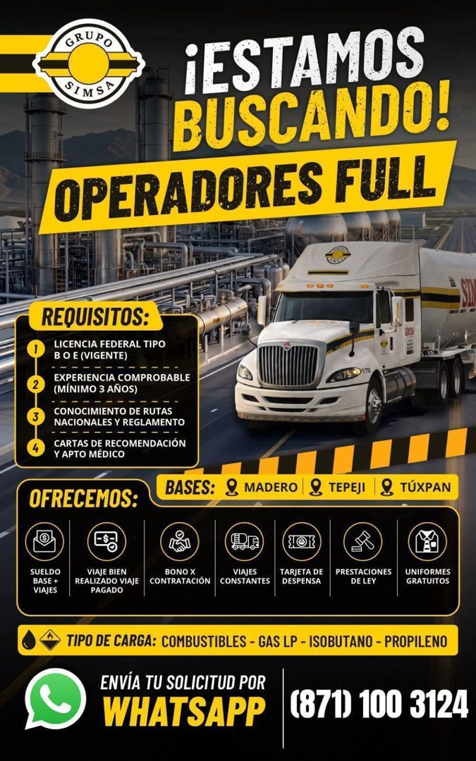 Banner del anuncio de la vacante: GRUPO · ¡ESTAMOS · BUSCANDO! · OPERADORES FULL · REQUISITOS: · LICENCIA FEDERAL TIPO · B O E (VIGENTE) · EXPERIENCIA COMPROBABLE · (MÍNIMO 3