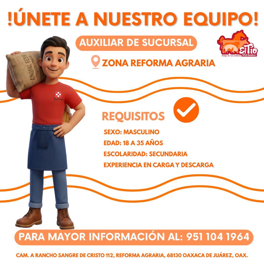 Banner del anuncio de la vacante: !ÚNETE A NUESTRO EQUIPO! · AUXILIAR DE SUCURSAL · silio · Amigo de tus animales Distribuidora · GED · •ZONA REFORMA AGRARIA · ANIM · Purinal