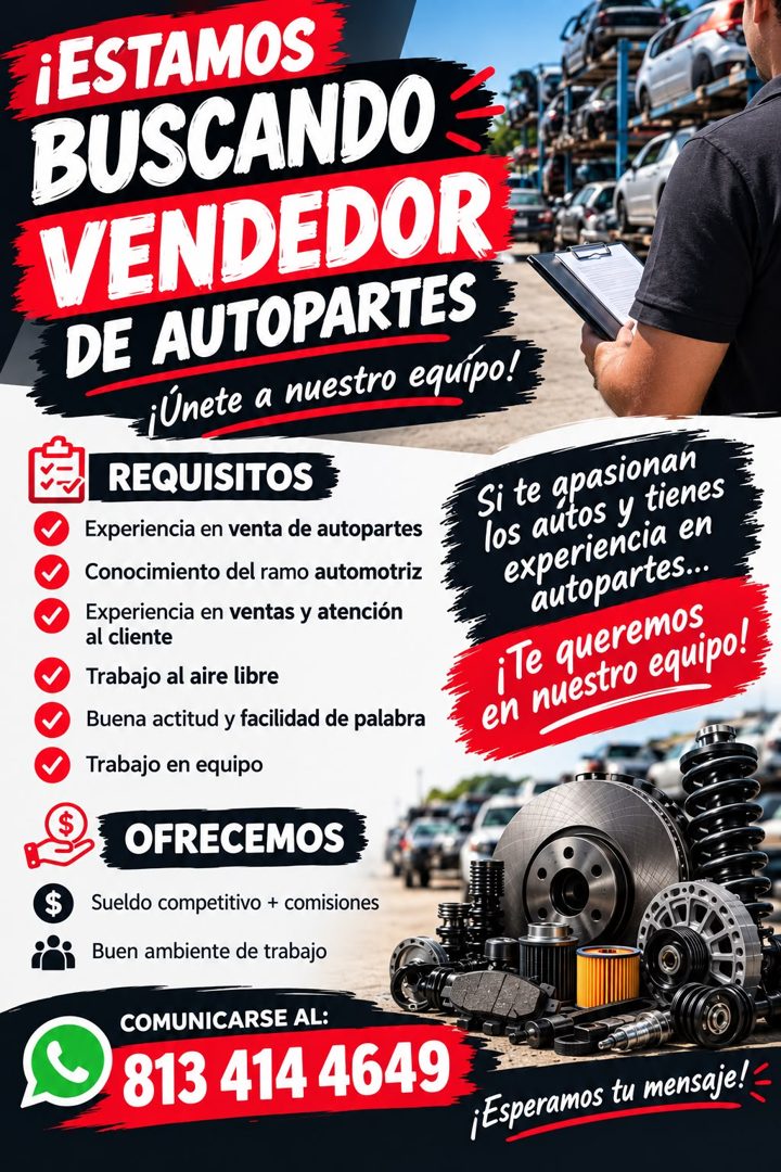 Banner del anuncio de la vacante: ¡ESTAMOS · BUSCANDO · VENDEDOR · DE AUTOPARTES · ¡Únete a nuestro equípo! · REQUISITOS · Experiencia en venta de autopartes · Conocimiento d
