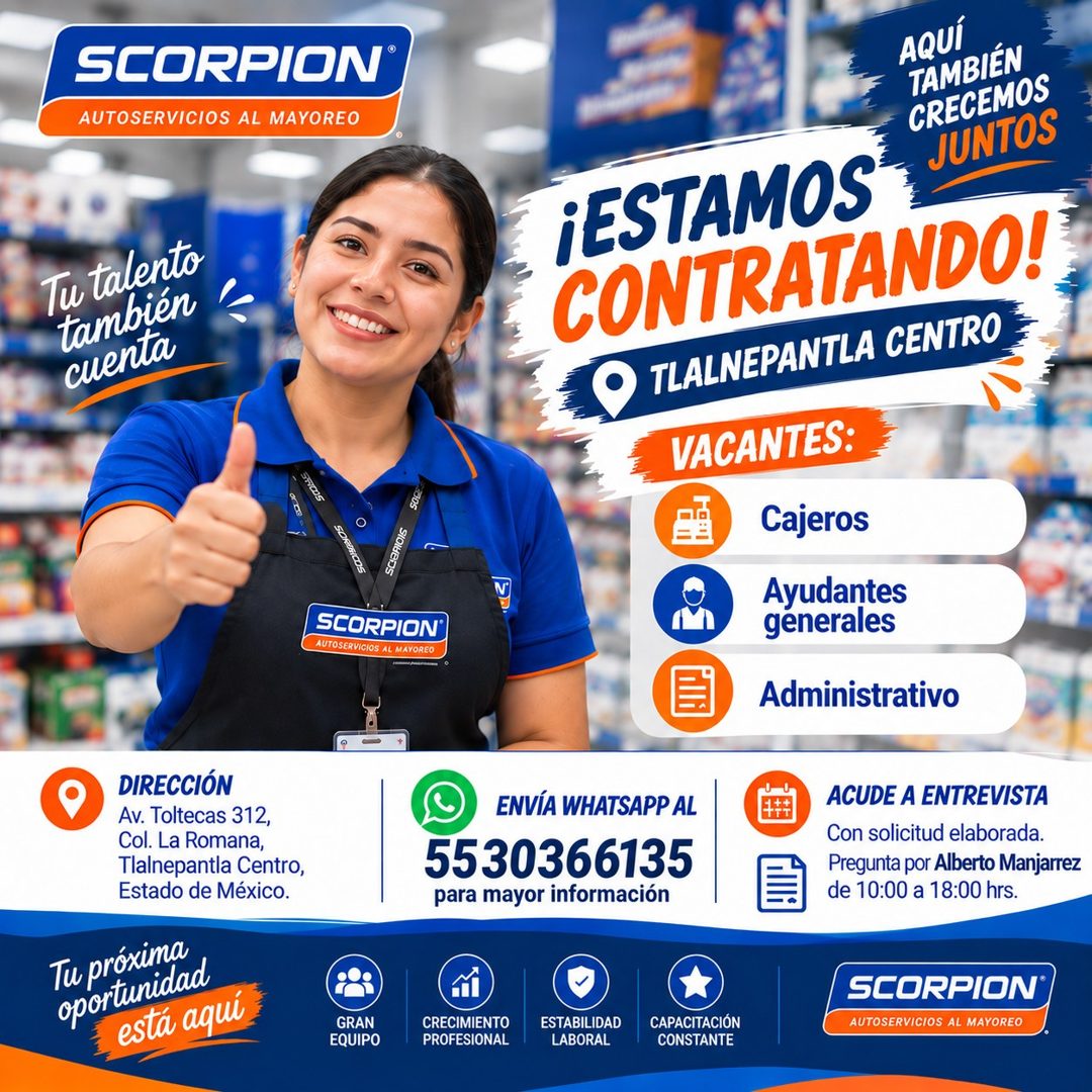 Banner del anuncio de la vacante: SCORPION® · AUTOSERVICIOS AL MAYOREO · Tu talento · tambien · cuenta · STIDOS · SORe · SORINICOS · SCORPION® · AUTOSERVICIOS AL MAYOREO · AQ
