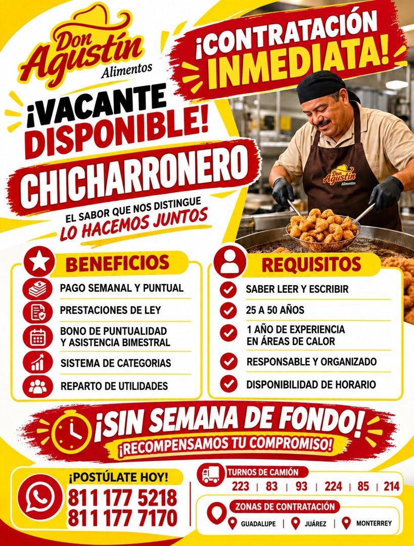 Banner del anuncio de la vacante: Agüstin · Alimentos · ¡VACANTE · DISPONIBLE! · CHICHARRONERO · EL SABOR QUE NOS DISTINGUE · LO HACEMOS JUNTOS · ¡CONTRATACIÓN · INMEDIATA! ·