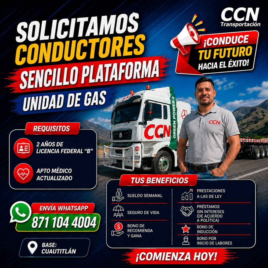 Banner del anuncio de la vacante: SOLICITAMOS · CONDUCTORES · SENCILLO PLATAFORMA · UNIDAD DE GAS · CCN · Transportación · ¡CONDUCE · TU FUTURO · HACIA EL ÉXITO! · REQUISITOS