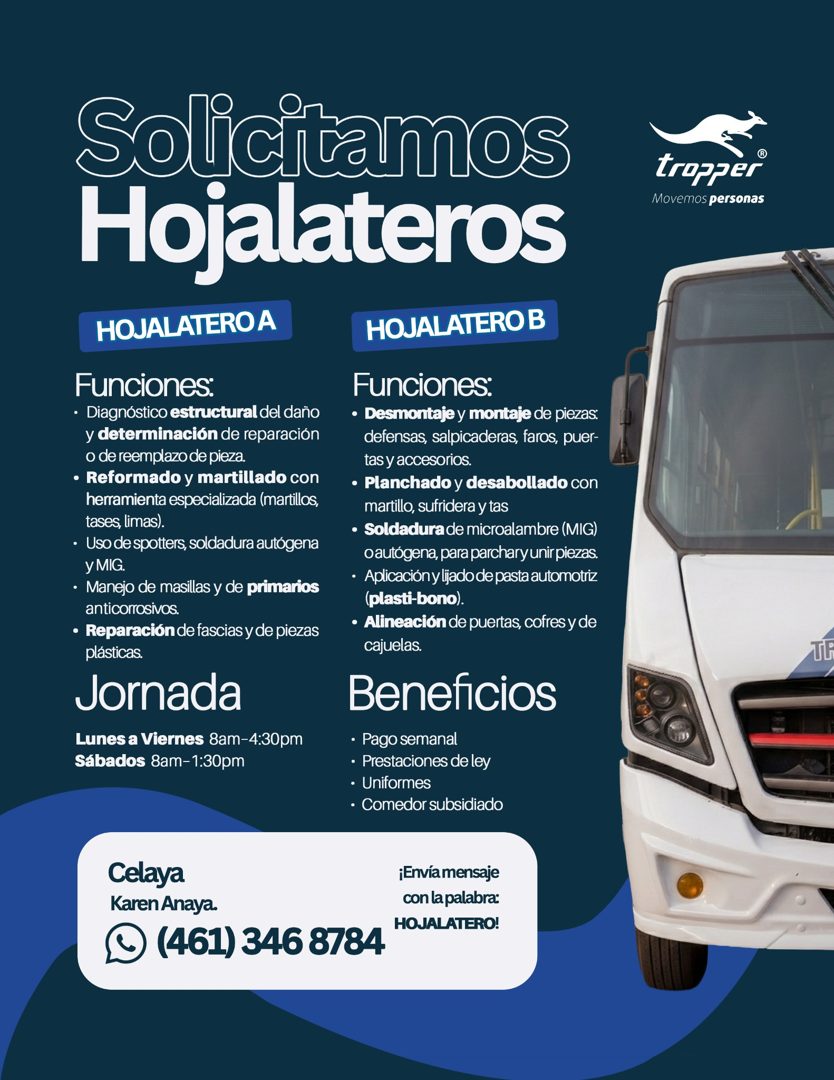 Banner del anuncio de la vacante: Solicitamos · Hojalateros · HOJALATERO A · Funciones: · • Diagnóstico estructural del daño · y determinación de reparación · o de reemplazo 