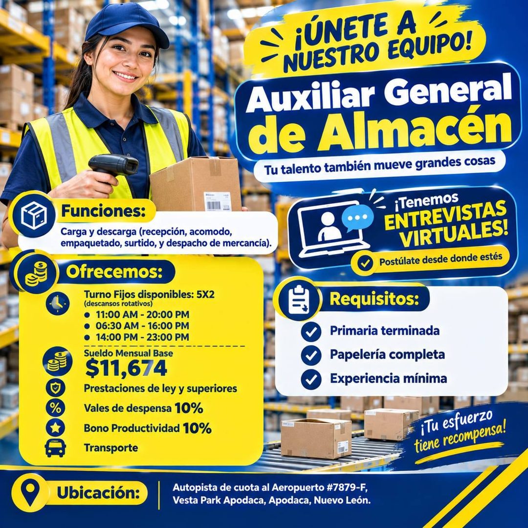 Banner del anuncio de la vacante: % · Funciones: · Carga y descarga (recepción, acomodo, · empaquetado, surtido, y despacho de mercancía). · Ofrecemos: · Turno Fijos disponib