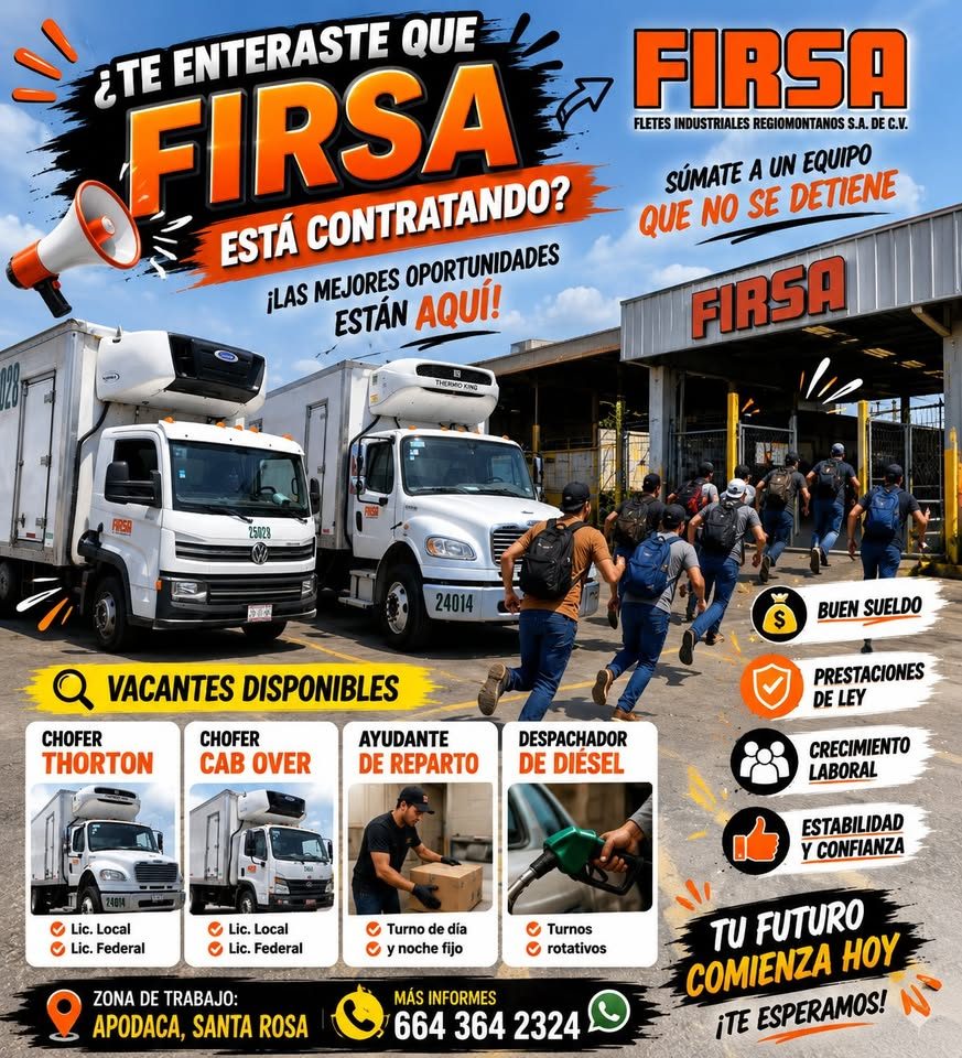 Banner del anuncio de la vacante: ¿TE ENTERASTE QUE · FIRSA · ESTÁ CONTRATANDO? · ¡LAS MEJORES OPORTUNIDADES · ESTÁN AQUÍ! · FIRSA · FLETES INDUSTRIALES REGIOMONTANOS S.A. DE
