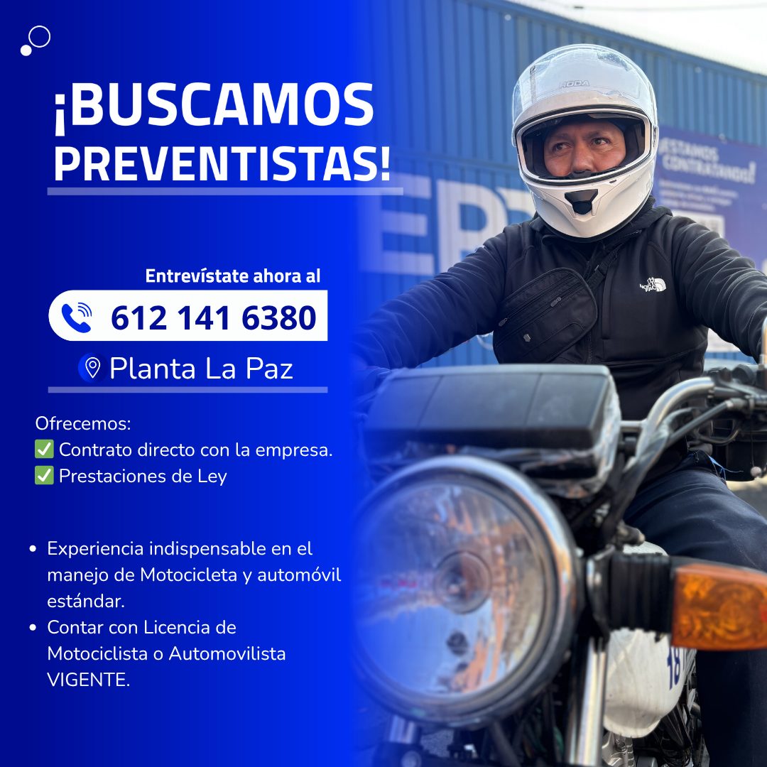 Banner del anuncio de la vacante: ¡BUSCAMOS · PREVENTISTAS! · RODA · Entrevistate ahora al · 612 141 6380 · • Planta La Paz · Ofrecemos: · Contrato directo con la empresa. · 