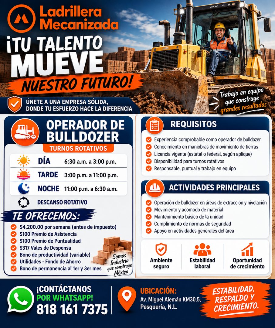 Banner del anuncio de la vacante: Ladrillera · Mecanizada · ¡TU TALENTO · MUEVE · NUESTRO FUTURO! · UNETE A UNA EMPRESA SOLIDA, · DONDE TU ESFUERZO HACE LA DIFERENCIA · OPERA