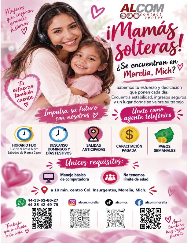 Banner del anuncio de la vacante: Mujeres · que inspran · Tu · esfuerzo · tambien · cuenta · Impulsa su futuro · con nosotros y · HORARIO FIJO · L-V de 9 am a 6 pm · Sábados 