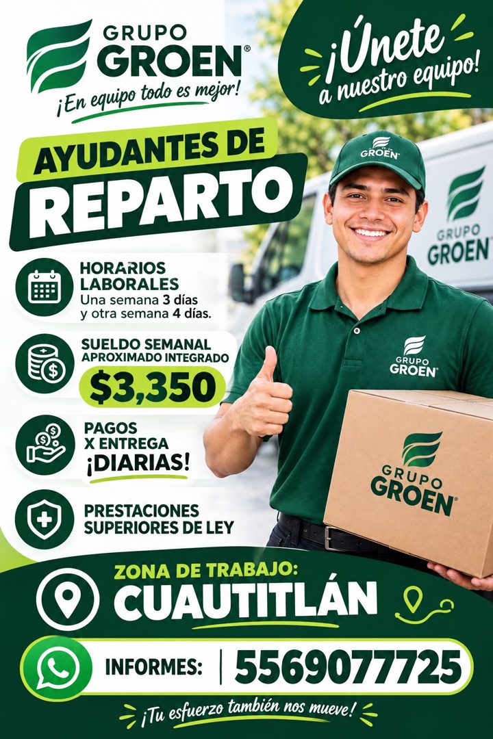 Banner del anuncio de la vacante: GRUPO · GROEN® · ¡En equipo todo es mejor! · a nuestro equipo! · ¡Únete · AYUDANTES DE · REPARTO · GROEN · GRUPO · GROEN · HORARIOS · LABORA