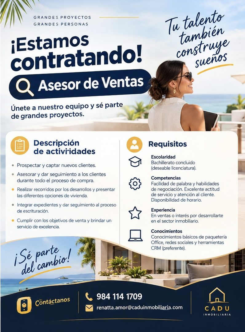 Banner del anuncio de la vacante: GRANDES PROYECTOS · GRANDES PERSONAS · ¡Estamos · contratando! · Asesor de Ventas · Tu talento · también · construye · sueños · Únete a nues
