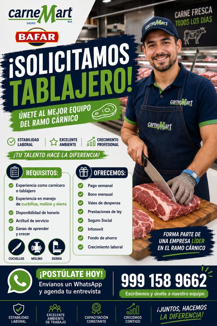 Banner del anuncio de la vacante: carneMart · BAFAR · ¡SOLICITAMOS · TABLAJERO! · ÚNETE AL MEJOR EQUIPO · DEL RAMO CÁRNICO · ESTABILIDAD · LABORAL · EXCELENTE · AMBIENTE · CR