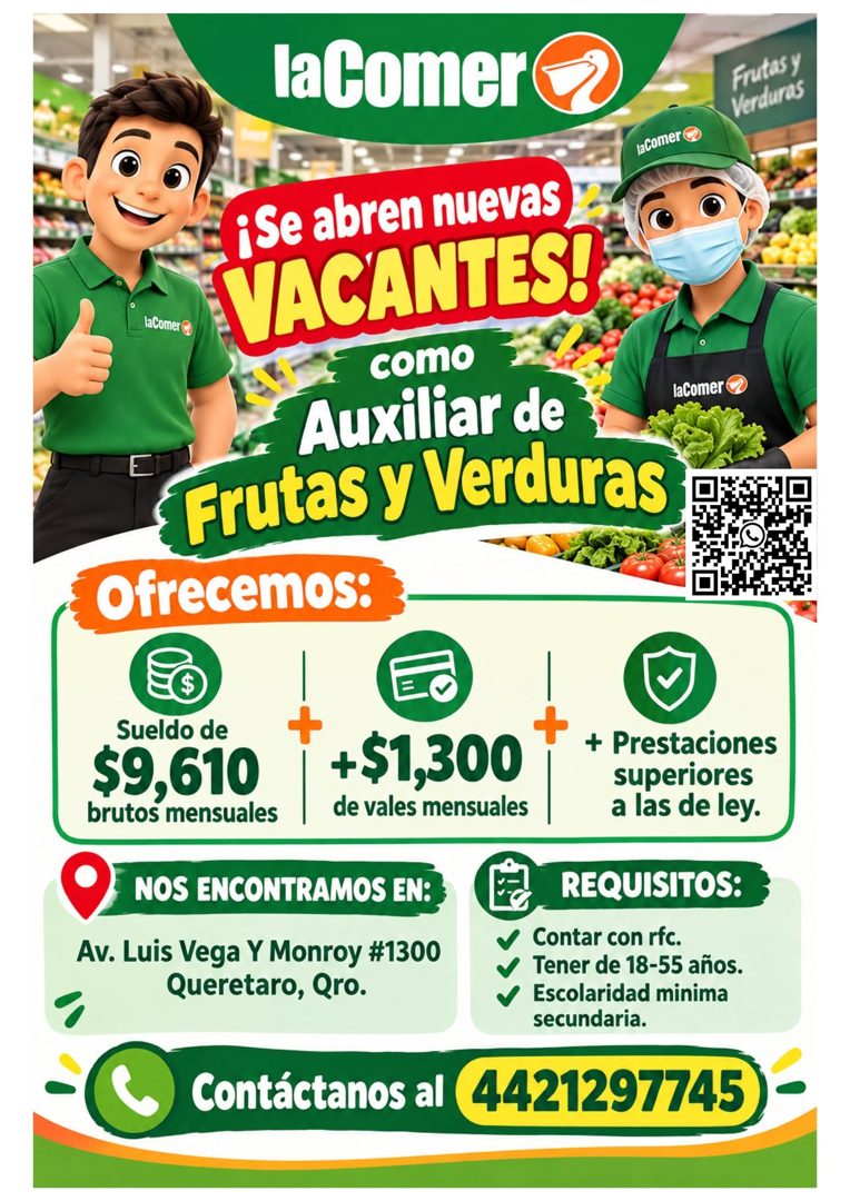 Banner del anuncio de la vacante: laComer · laComer @ · ¡Se abren nuevas · la Comer @ · VACANTES! · como · Auxiliar de · Frutas y Verduras · Ofrecemos: · laComer · Frutas y ·