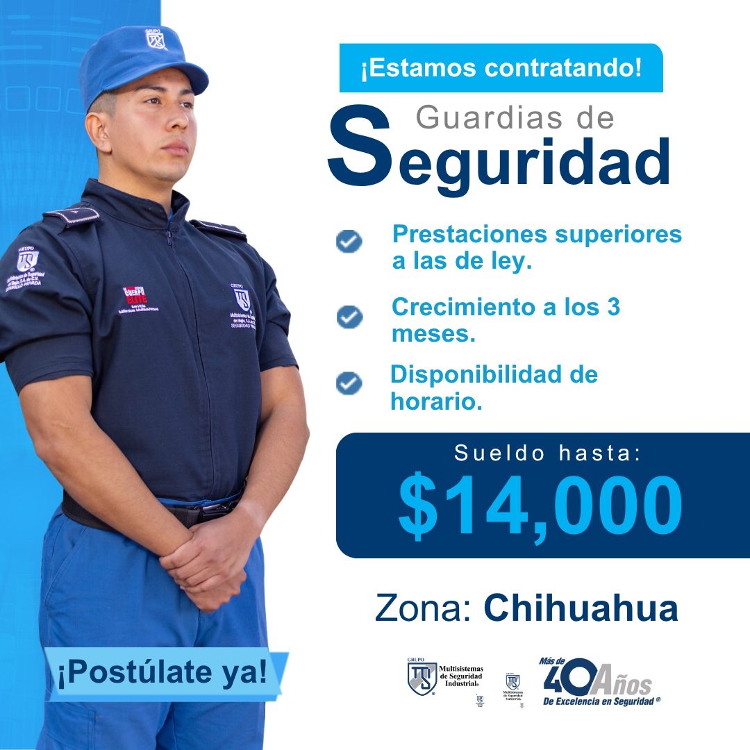 Banner del anuncio de la vacante: CUERPO · ¡Postúlate ya! · ¡Estamos contratando! · Guardias de · Seguridad · • Prestaciones superiores · a las de ley. · Crecimiento a los 3 