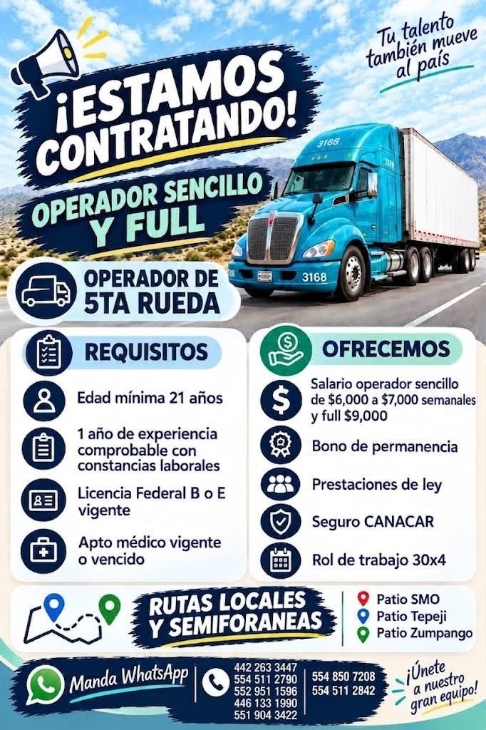 Banner del anuncio de la vacante: ¡ESTAMOS · CONTRATANDO! · OPERADOR SENCILLO · Y FULL · OPERADOR DE · 5TA RUEDA · REQUISITOS · Edad mínima 21 años · 1 año de experiencia · c