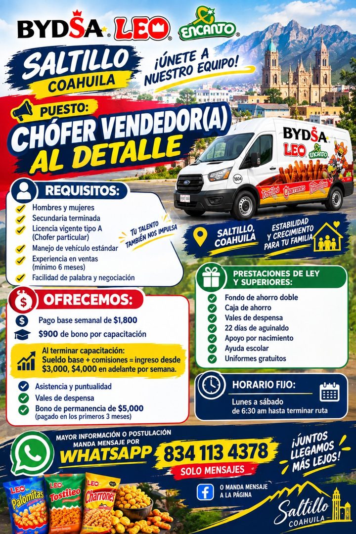 Banner del anuncio de la vacante: BYDSA LEO · SALTILLO · COAHUILA · EncANTO. · iÚNETE A · NUESTRO EQUIPO! · PUESTO: · CHÓFER VENDEDOR(A) · AL DETALLE · BYDSA · LEO · ENCHINO 