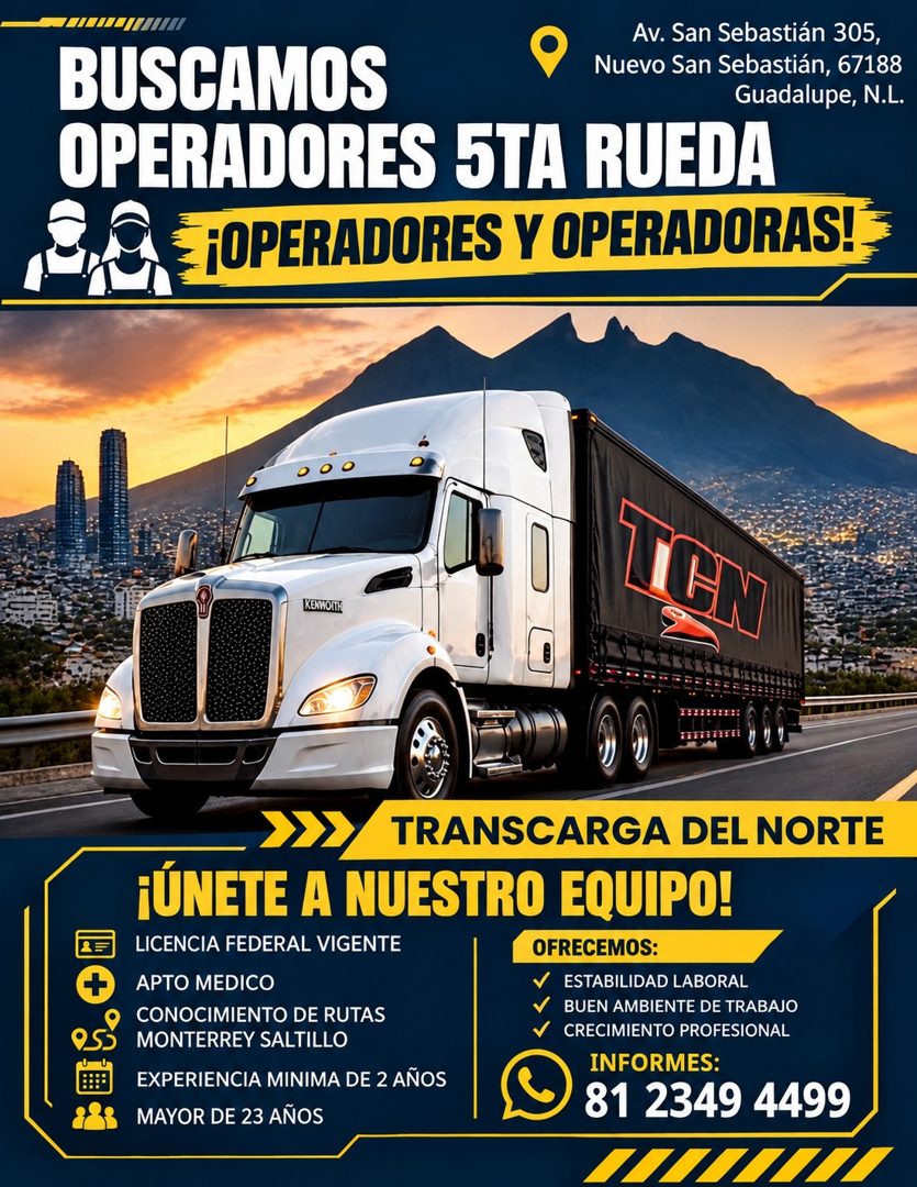Banner del anuncio de la vacante: Av. San Sebastián 305, · BUSCAMOS · Nuevo San Sebastián, 67188 · Guadalupe, N.L. · OPERADORES 5TA RUEDA · ¡OPERADORES Y OPERADORAS! · KENNOT