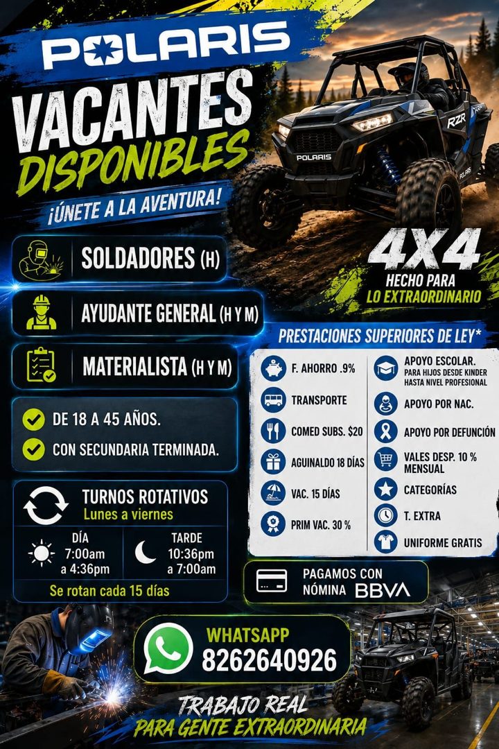 Banner del anuncio de la vacante: POLARIS · VACANTES · DISPONIBLES · ¡ÚNETE A LA AVENTURA! · SOLDADORES (H) · RER · POLARIS · AYUDANTE GENERAL (HY M) · MATERIALISTA (H Y M) ·