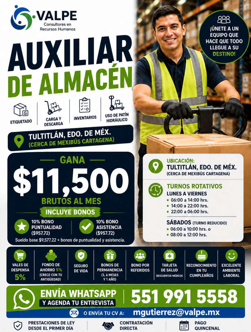 Banner del anuncio de la vacante: • VALPE · Consultores en · Recursos Humanos · AUXILIAR · DE ALMACEN · 000 · ¡ÚNETE A UN · EQUIPO QUE · HACE QUE TODO · LLEGUE A SU · DESTINO