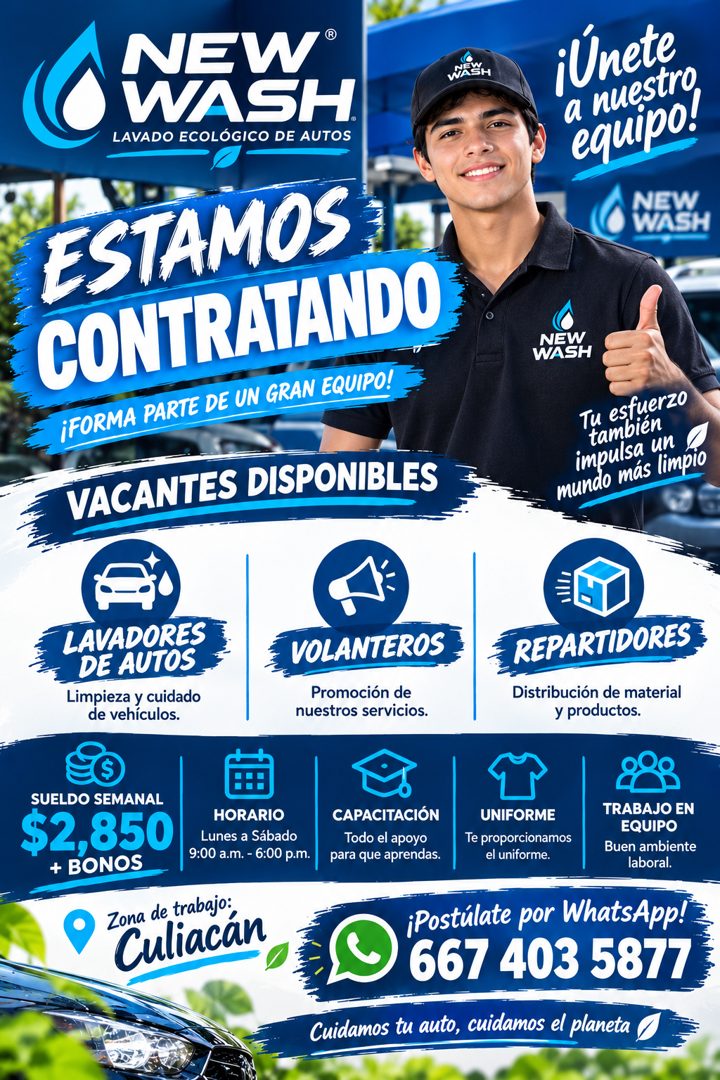 Banner del anuncio de la vacante: NEW® · WASH · LAVADO ECOLÓGICO DE AUTOS · ESTAMOS · CONTRATANDO · ¡FORMA PARTE DE UN GRAN EQUIPO! · VACANTES DISPONIBLES · WEEH · iÚnete · a