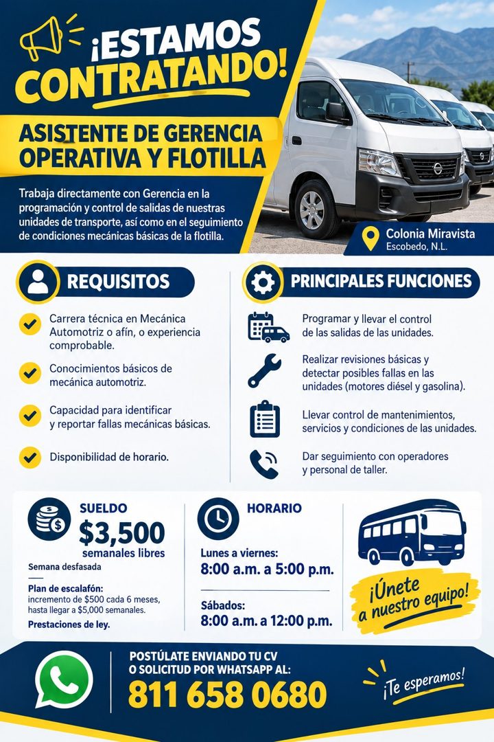 Banner del anuncio de la vacante: AF ¡ESTAMOS · CONTRATANDO! · ASISTENTE DE GERENCIA · OPERATIVA Y FLOTILLA · Trabaja directamente con Gerencia en la · programación y control