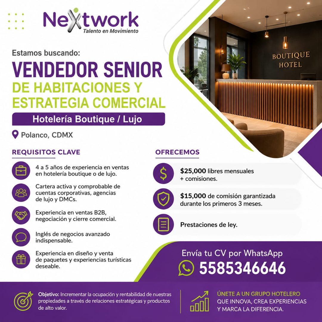 Banner del anuncio de la vacante: NeXtwork · Talento en Movimiento · Estamos buscando: · VENDEDOR SENIOR · DE HABITACIONES Y · ESTRATEGIA COMERCIAL · Hotelería Boutique / Luj