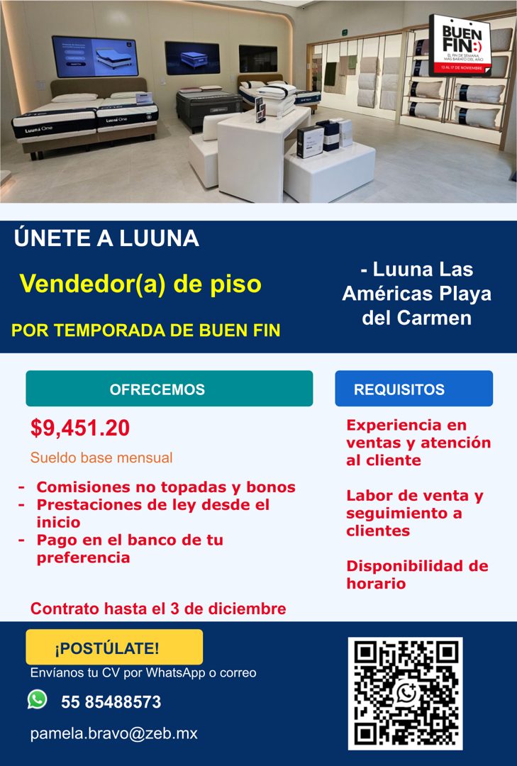 Banner del anuncio de la vacante: Luvra One · Luuna One · ÚNETE A LUUNA · Vendedor(a) de piso · POR TEMPORADA DE BUEN FIN · OFRECEMOS · $9,451.20 · Sueldo base mensual · - Co