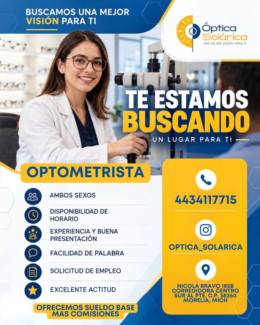 Banner del anuncio de la vacante: BUSCAMOS UNA MEJOR · VISION PARA TI · Óptica · Solárica · UNA MEJOR VISIÓN PARA TI · TE ESTAMOS · BUSCANDO · UN LUGAR PARA TI - · OPTOMETRIS
