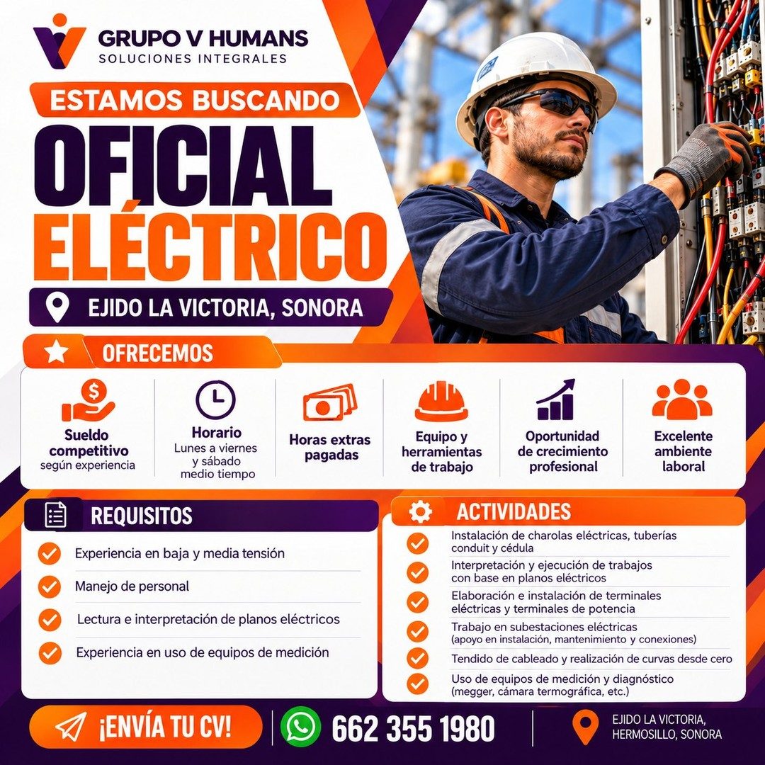 Banner del anuncio de la vacante: GRUPO V HUMANS · SOLUCIONES INTEGRALES · ESTAMOS BUSCANDO · OFICIAL · ELÉCTRICO · EJIDO LA VICTORIA, SONORA · OFRECEMOS · Sueldo · competiti