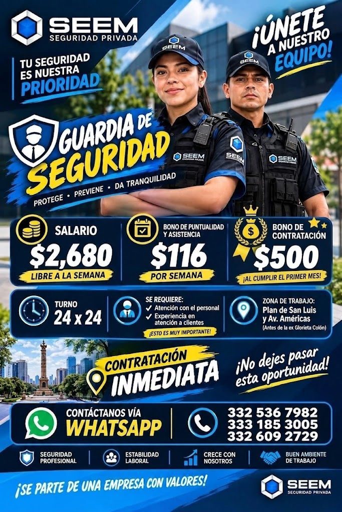 Banner del anuncio de la vacante: SEEM · SEGURIDAD PRIVADA · TU SEGURIDAD · ES NUESTRA · PRIORIDAD · A NUESTRO · EQUIPO! · GUARDIA DE · SEGURIDAD · O SEEM · PROTEGE • PREVIEN