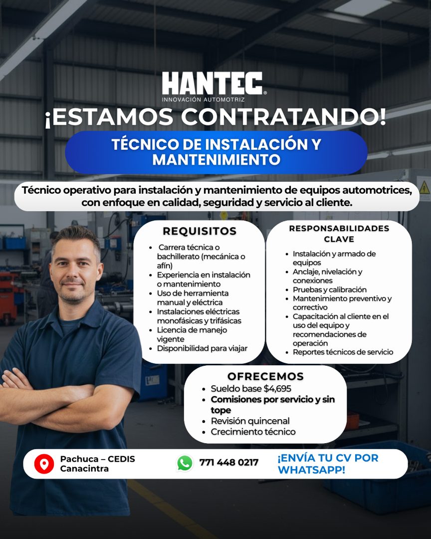 Banner del anuncio de la vacante: HANTEC. · INNOVACIÓN AUTOMOTRIZ · ¡ESTAMOS CONTRATANDO! · TÉCNICO DE INSTALACIÓN Y · MANTENIMIENTO · Técnico operativo para instalación y ma