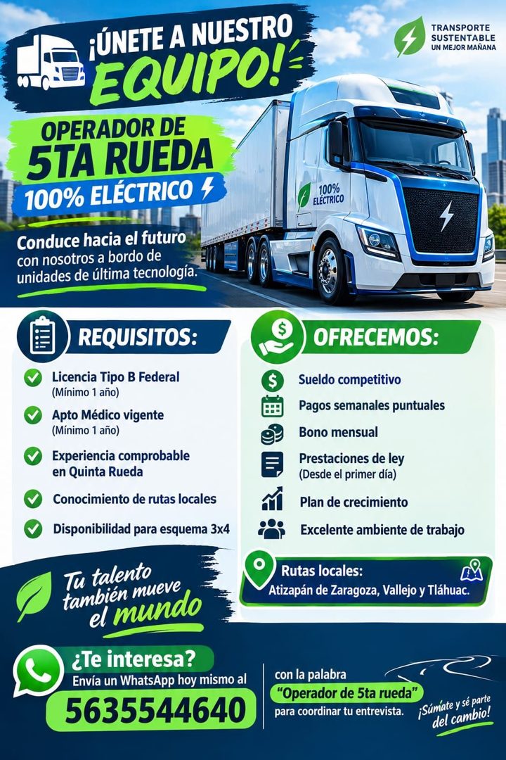 Banner del anuncio de la vacante: •ÚNETE A NUESTRO · EQUIPO!= · OPERADOR DE · 5TA RUEDA · 100% ELÉCTRICO 4 · Conduce hacia el futuro · con nosotros a bordo de · unidades de ú