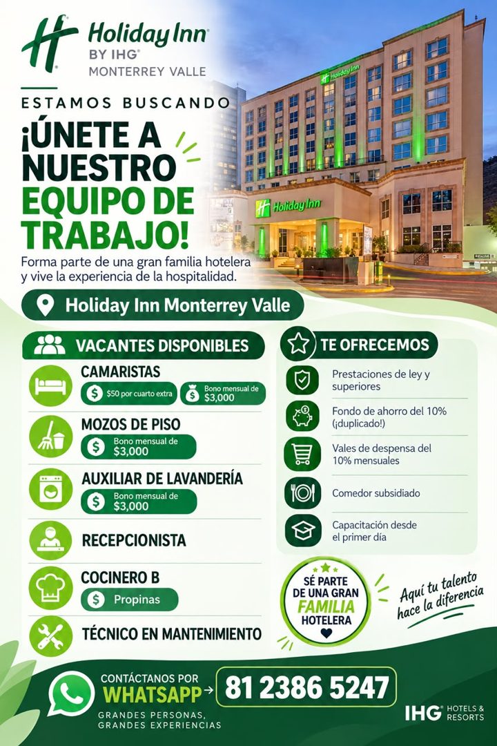 Banner del anuncio de la vacante: • Holiday Inn · BY IHG* · MONTERREY VALLE · ESTAMOS BUSCANDO · ¡ÚNETE A · NUESTRO · EQUIPO DE · TRABAJO! · Forma parte de una gran familia h