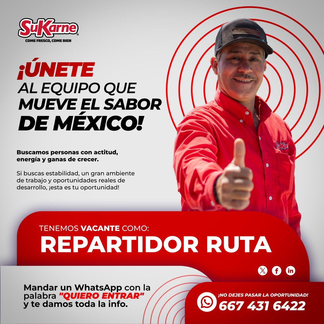 Banner del anuncio de la vacante: SiKarne · COME FRESCO, COME BIEN · ¡ÚNETE · AL EQUIPO QUE · MUEVE EL SABOR · DE MÉXICO! · Buscamos personas con actitud, · energía y ganas d