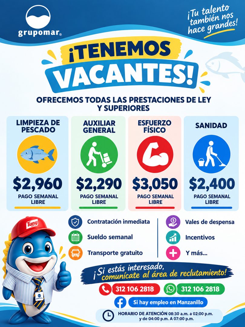 Banner del anuncio de la vacante: grupomar® · ¡Tu talento · también nos · hace grandes! · ¡TENEMOS · VACANTES! · OFRECEMOS TODAS LAS PRESTACIONES DE LEY · Y SUPERIORES · LIMP