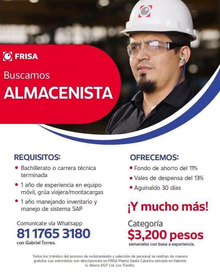 Banner del anuncio de la vacante: FRISA · Buscamos · ALMACENISTA · REQUISITOS: · • Bachillerato o carrera técnica · terminada · • 1 año de experiencia en equipo · móvil, grúa