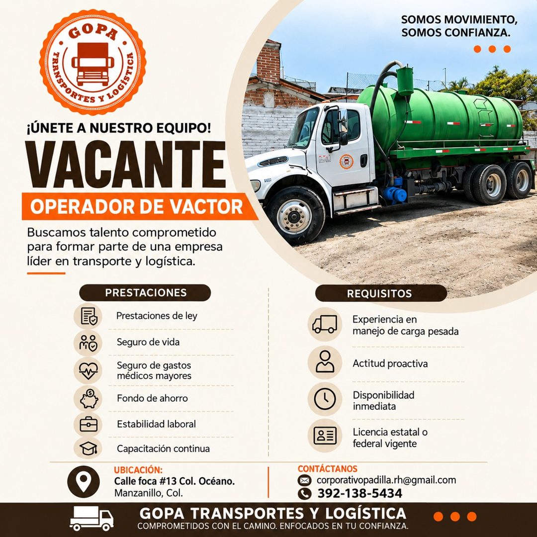 Banner del anuncio de la vacante: GOPA · SOMOS MOVIMIENTO, · SOMOS CONFIANZA. · • · TICA · ¡ÚNETE A NUESTRO EQUIPO! · VACANTE · OPERADOR DE VACTOR · Buscamos talento comprome