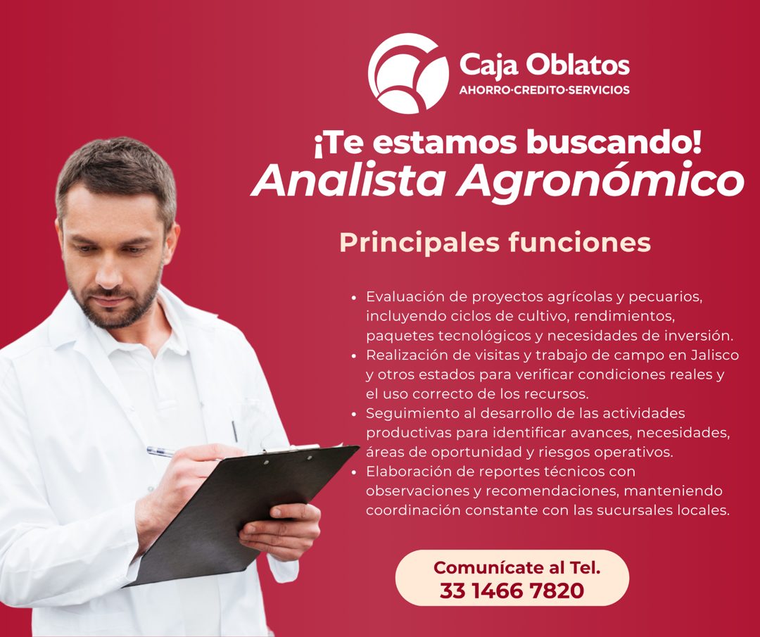 Banner del anuncio de la vacante: Caja Oblatos · AHORRO•CREDITO•SERVICIOS · ¡Te estamos buscando! · Analista Agronómico · Principales funciones · • Evaluación de proyectos ag