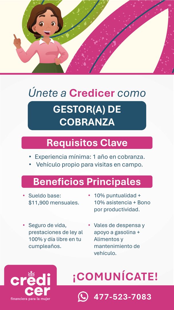 Banner del anuncio de la vacante: Únete a Credicer como · GESTOR(A) DE · COBRANZA · Requisitos Clave · • Experiencia mínima: 1 año en cobranza. · • Vehículo propio para visit