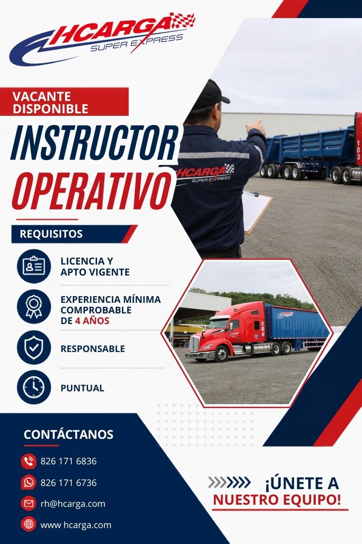 Banner del anuncio de la vacante: ZI CARGAN · SUPER EXPRESS · VACANTE · DISPONIBLE · INSTRUCTOR · OPERATIVO · VICARGAN · SUPER EXPRESS · REQUISITOS · LICENCIA Y · APTO VIGENT