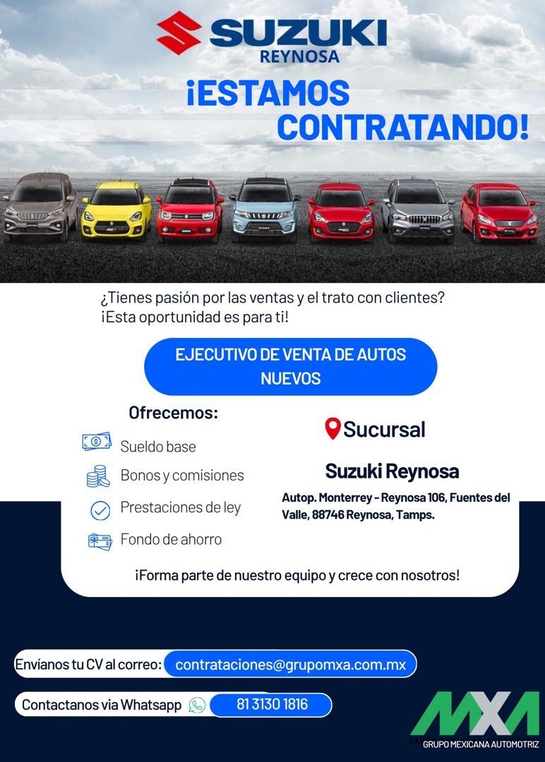 Banner del anuncio de la vacante: SUZUKI · REYNOSA · ¡ESTAMOS · CONTRATANDO! · ¿Tienes pasión por las ventas y el trato con clientes? · ¡Esta oportunidad es para ti! · EJECUT