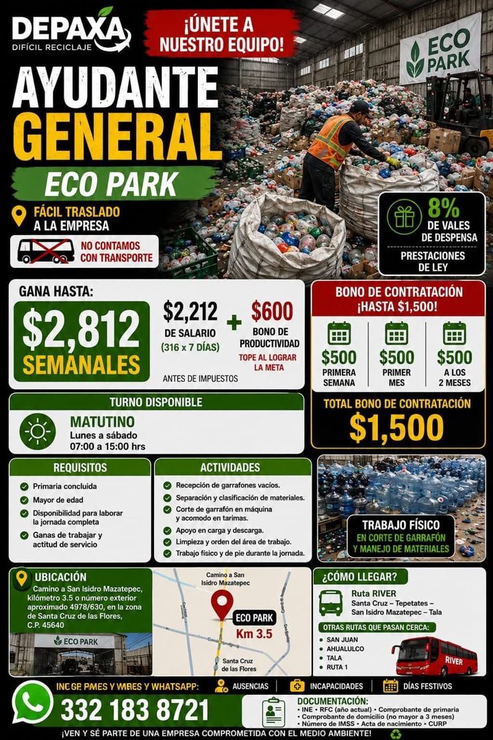Banner del anuncio de la vacante: DEPAXA · DIFÍCIL RECICLAJE · ¡UNETE A · NUESTRO EQUIPO! · AYUDANTE · GENERAL · ECO PARK · FÁCIL TRASLADO · A LA EMPRESA · NO CONTAMOS · CON 