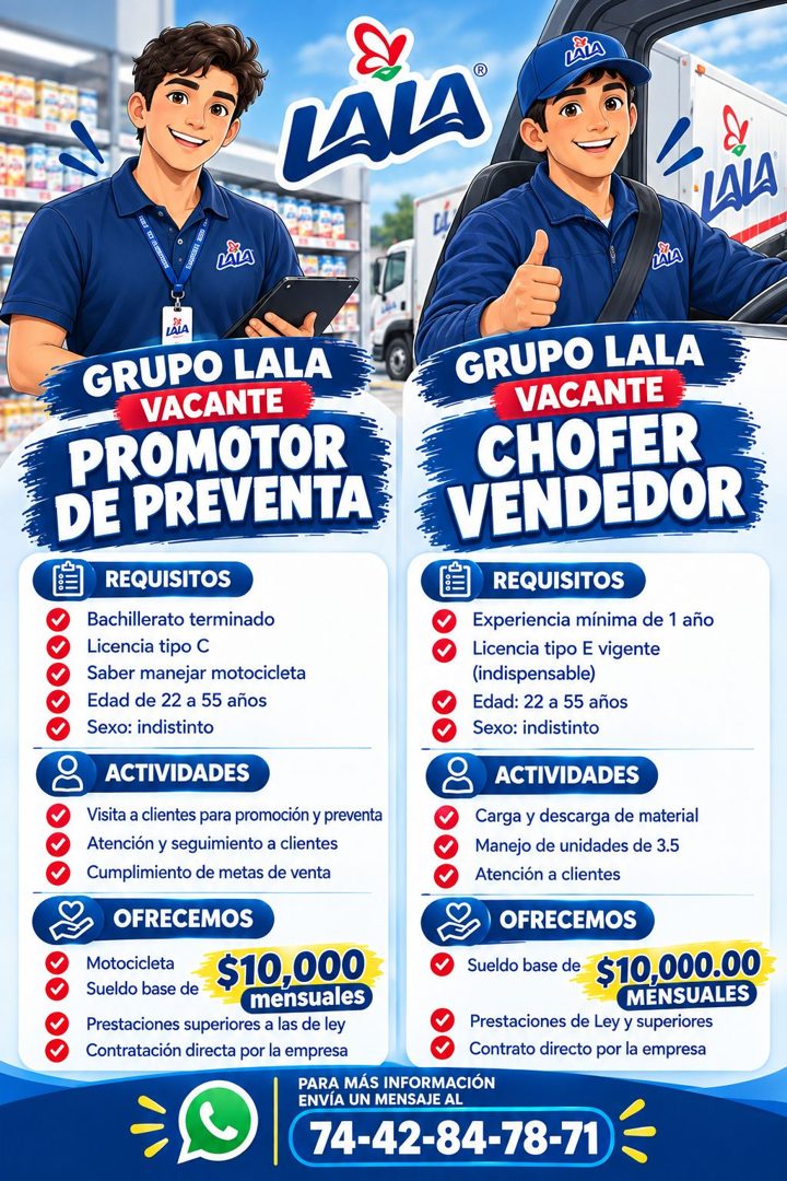 Banner del anuncio de la vacante: ALA · GRUPO LALA · VACANTE · PROMOTOR · DE PREVENTA · REQUISITOS · Bachillerato terminado · Licencia tipo C · Saber manejar motocicleta · Ed