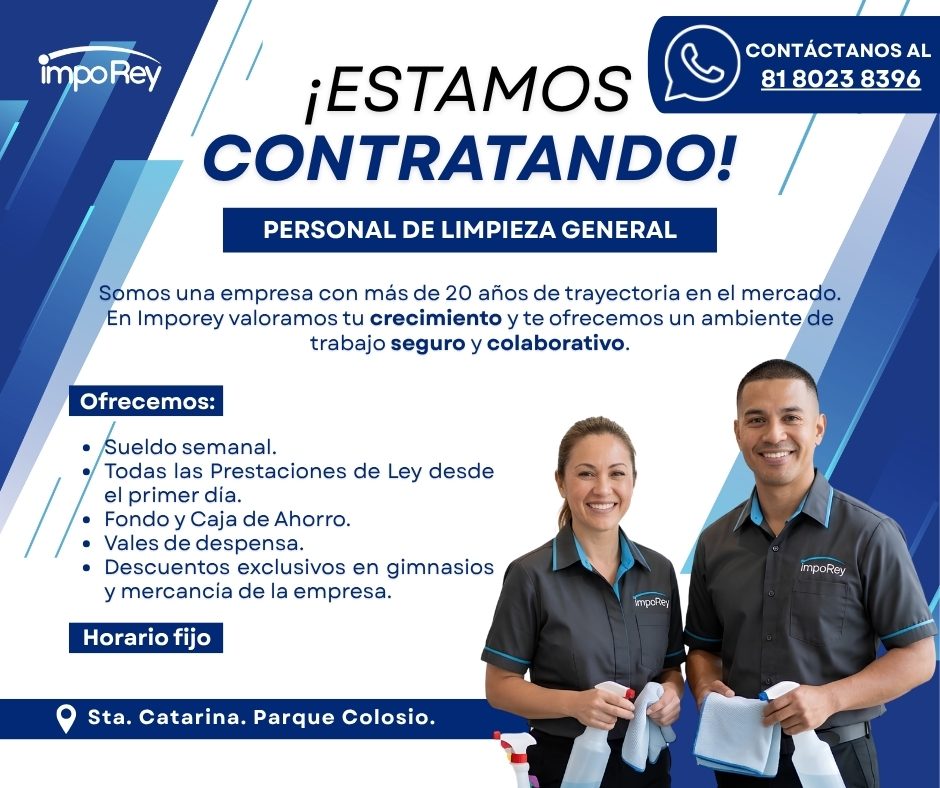 Banner del anuncio de la vacante: impo Rey · ¡ESTAMOS · CONTRATANDO! · PERSONAL DE LIMPIEZA GENERAL · Somos una empresa con más de 20 años de trayectoria en el mercado. · En 
