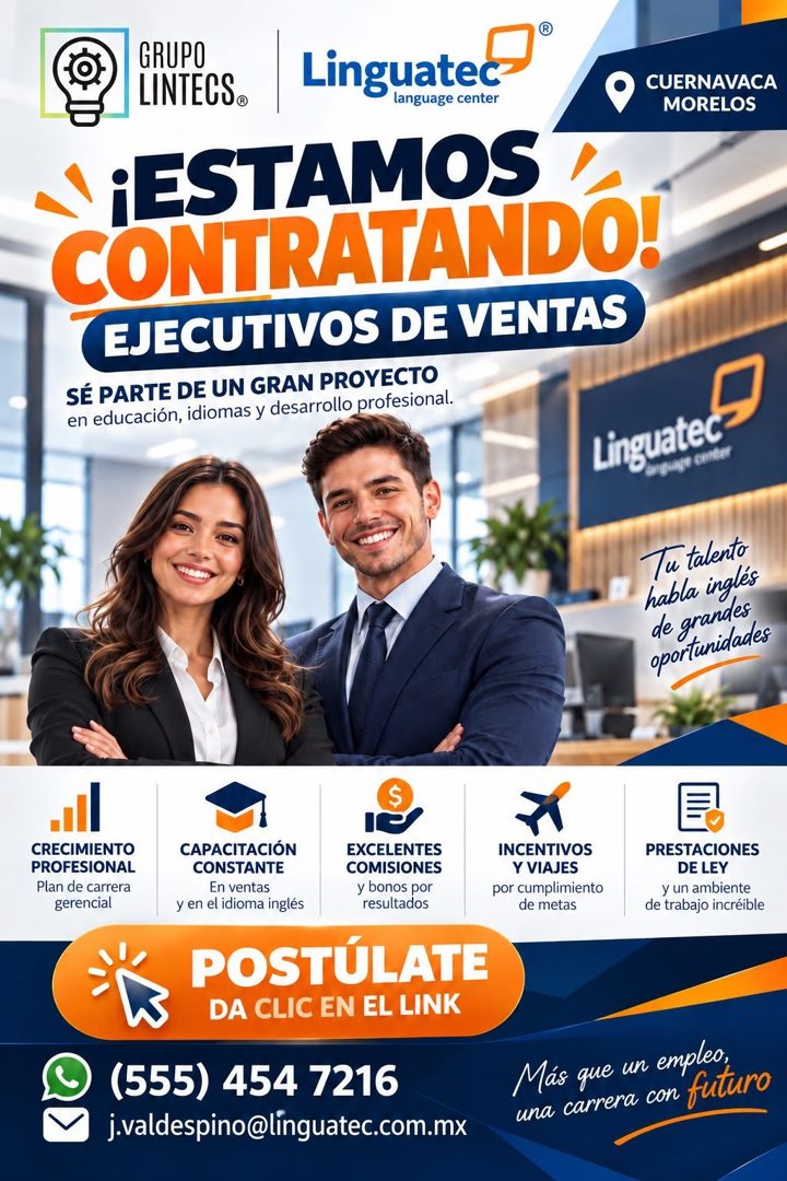 Banner del anuncio de la vacante: GRUPO · LINTECS® · Linguatec · language center · ¡ESTAMOS · CONTRATANDO! · EJECUTIVOS DE VENTAS · SÉ PARTE DE UN GRAN PROYECTO · en educació