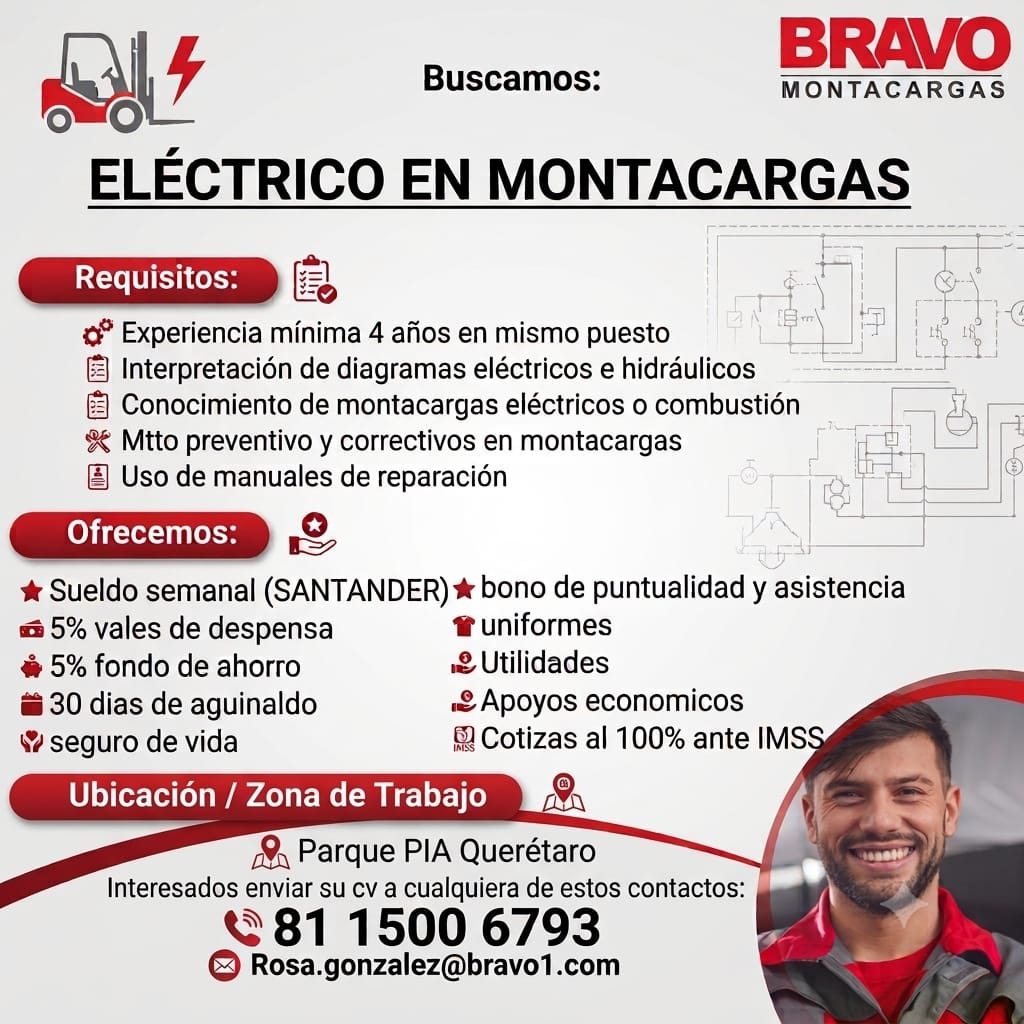 Banner del anuncio de la vacante: 7 · Buscamos: · ELÉCTRICO EN MONTACARGAS · Requisitos: · Experiencia mínima 4 años en mismo puesto · Interpretación de diagramas eléctricos 